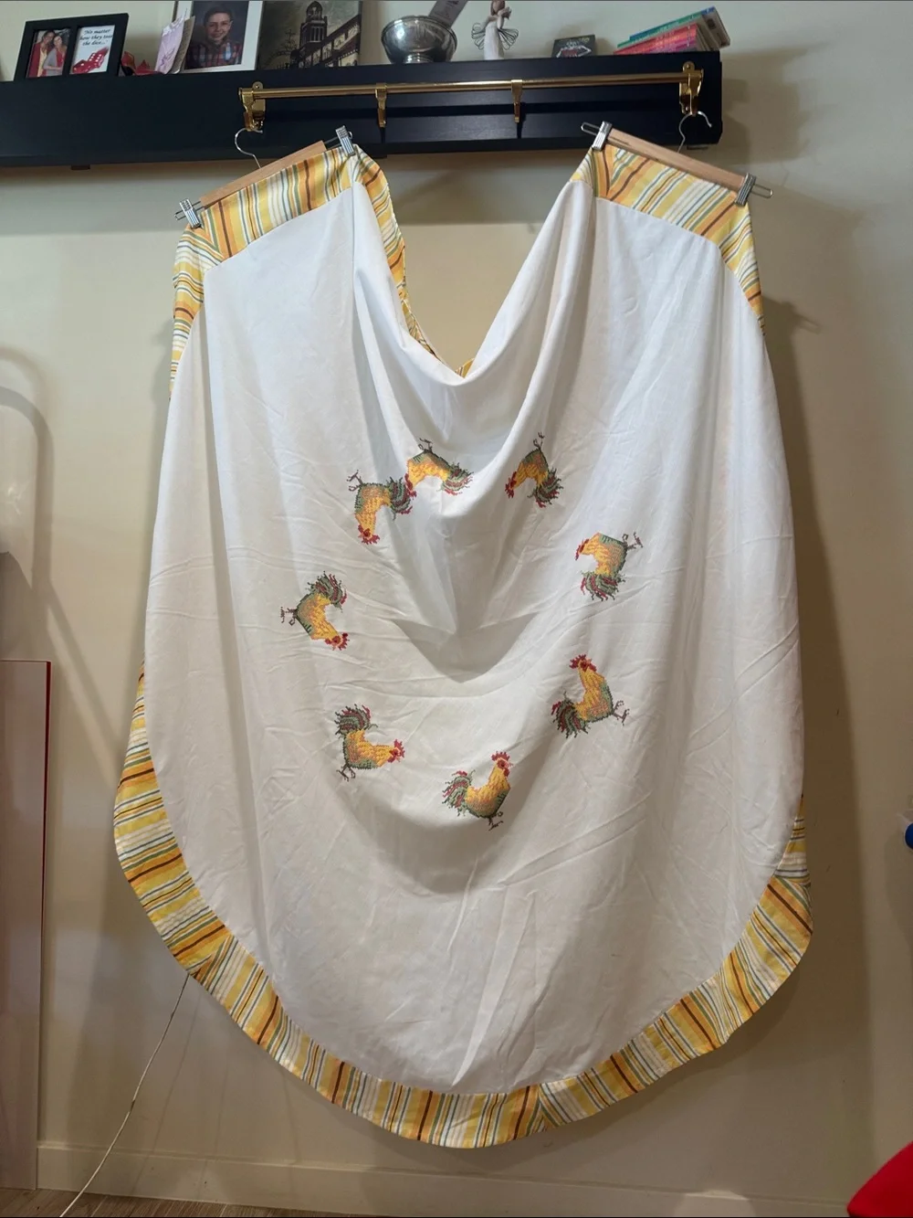 White Rooster Embroidered Tablecloth with Yellow Stripe Border